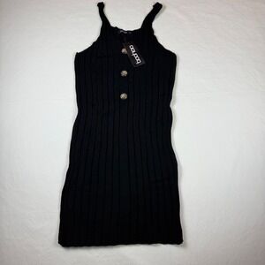Boohoo Womens Black Ribbed Knit Button Front Mini Dress Size L Bodycon